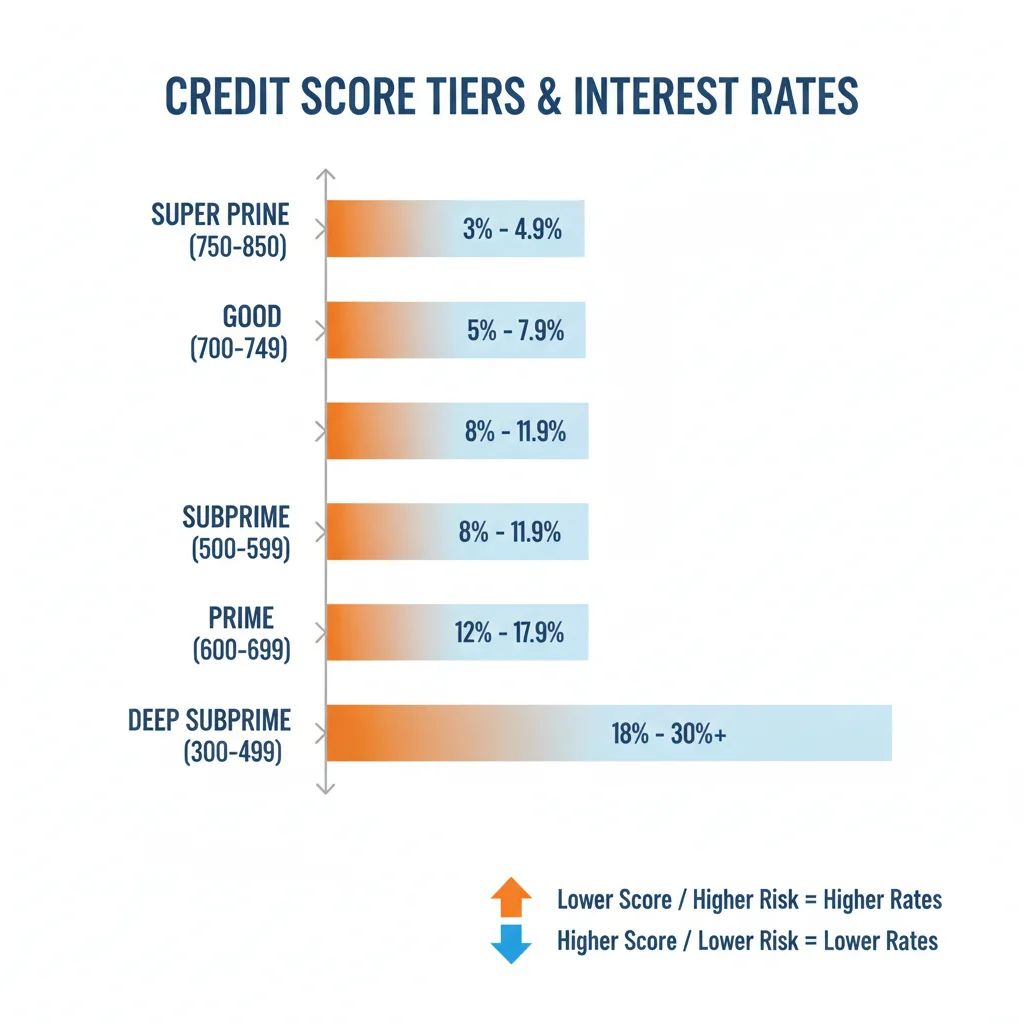 Bar chart showing auto loan interest rate ranges across credit score tiers from subprime to super prime