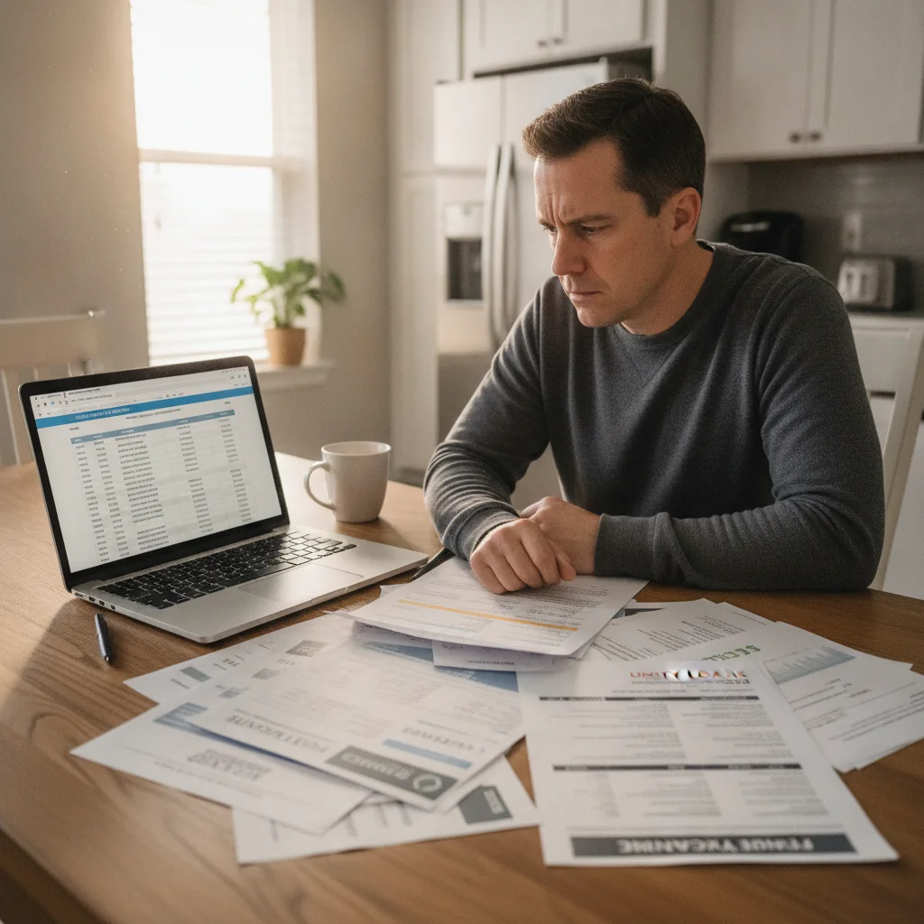 Person reviewing auto loan comparison documents at a kitchen table with a laptop
