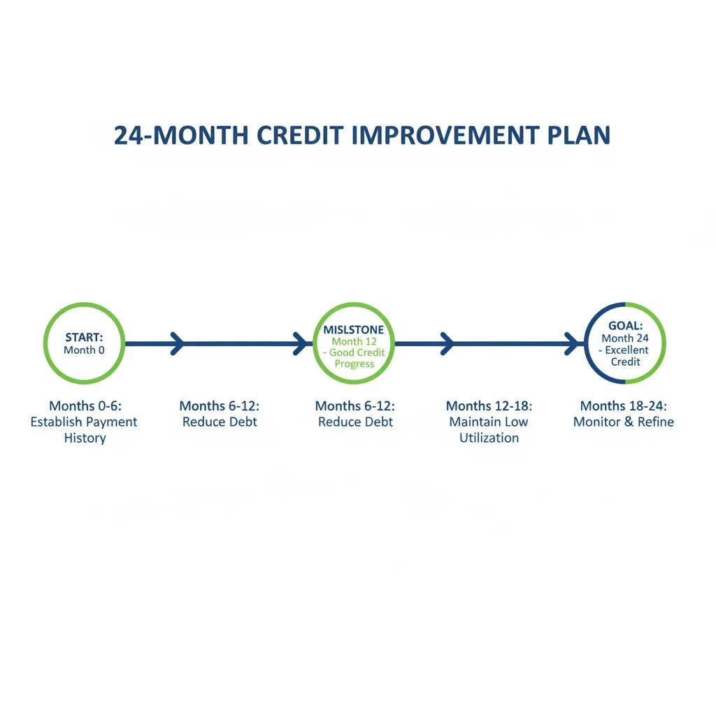 Timeline infographic showing a 24-month plan to improve credit score and refinance out of a co-signed auto loan