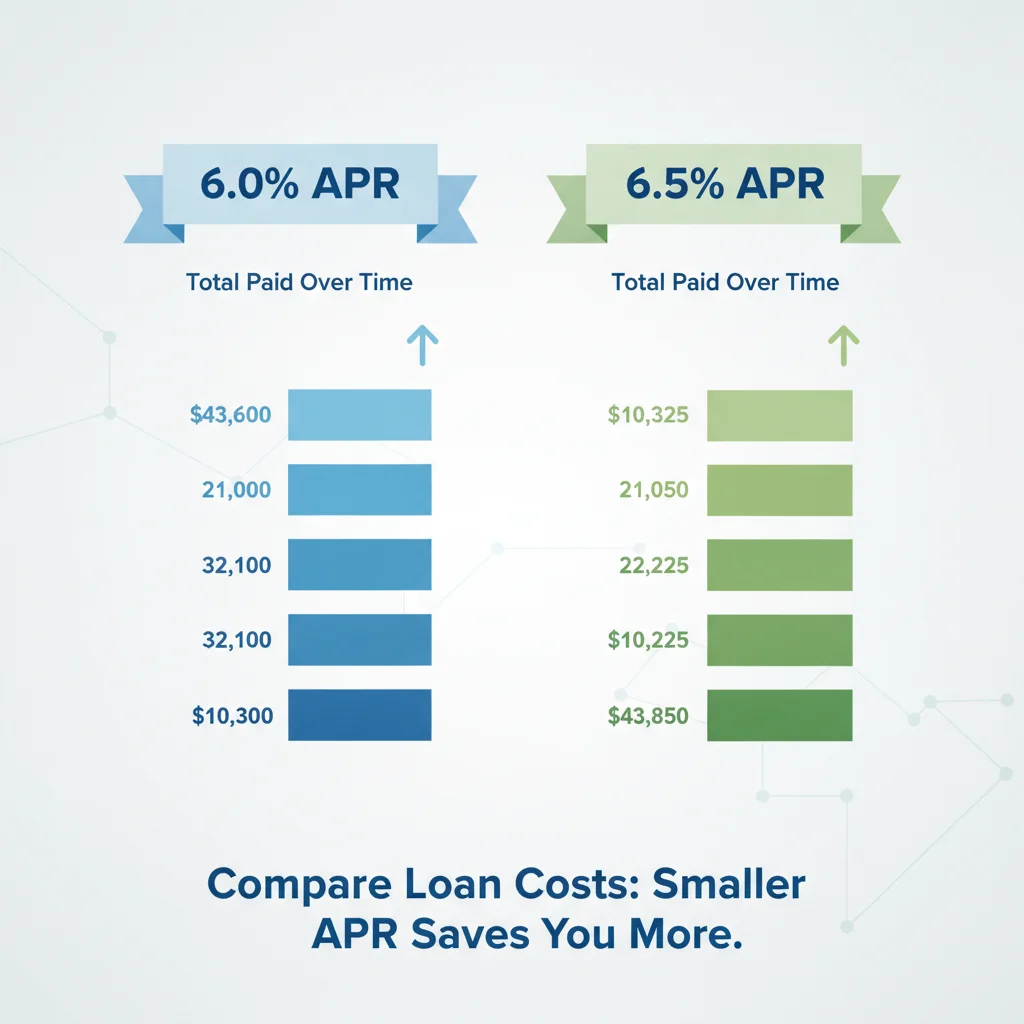 Side-by-side bar chart comparing total interest paid at 6.0% versus 6.5% APR over 60 months