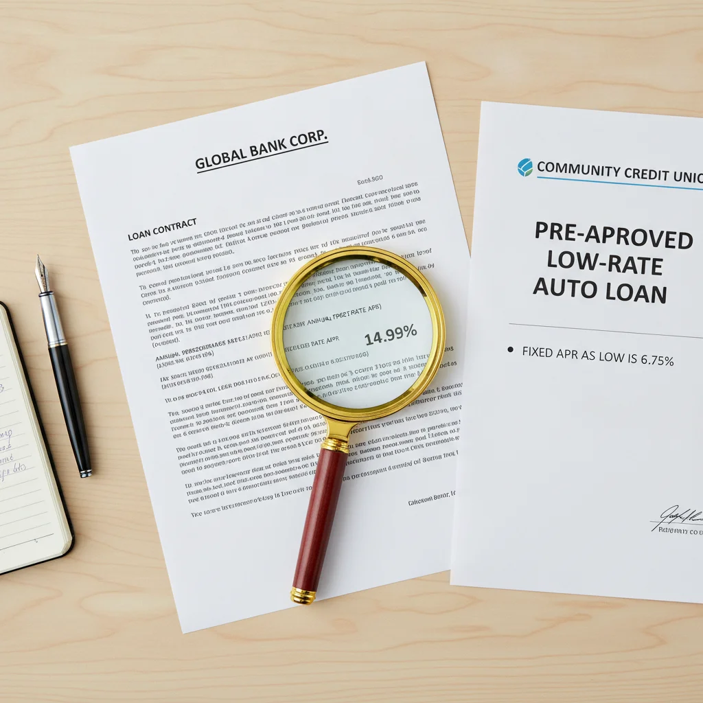 Loan contract with APR field highlighted under a magnifying glass next to a credit union pre-approval letter