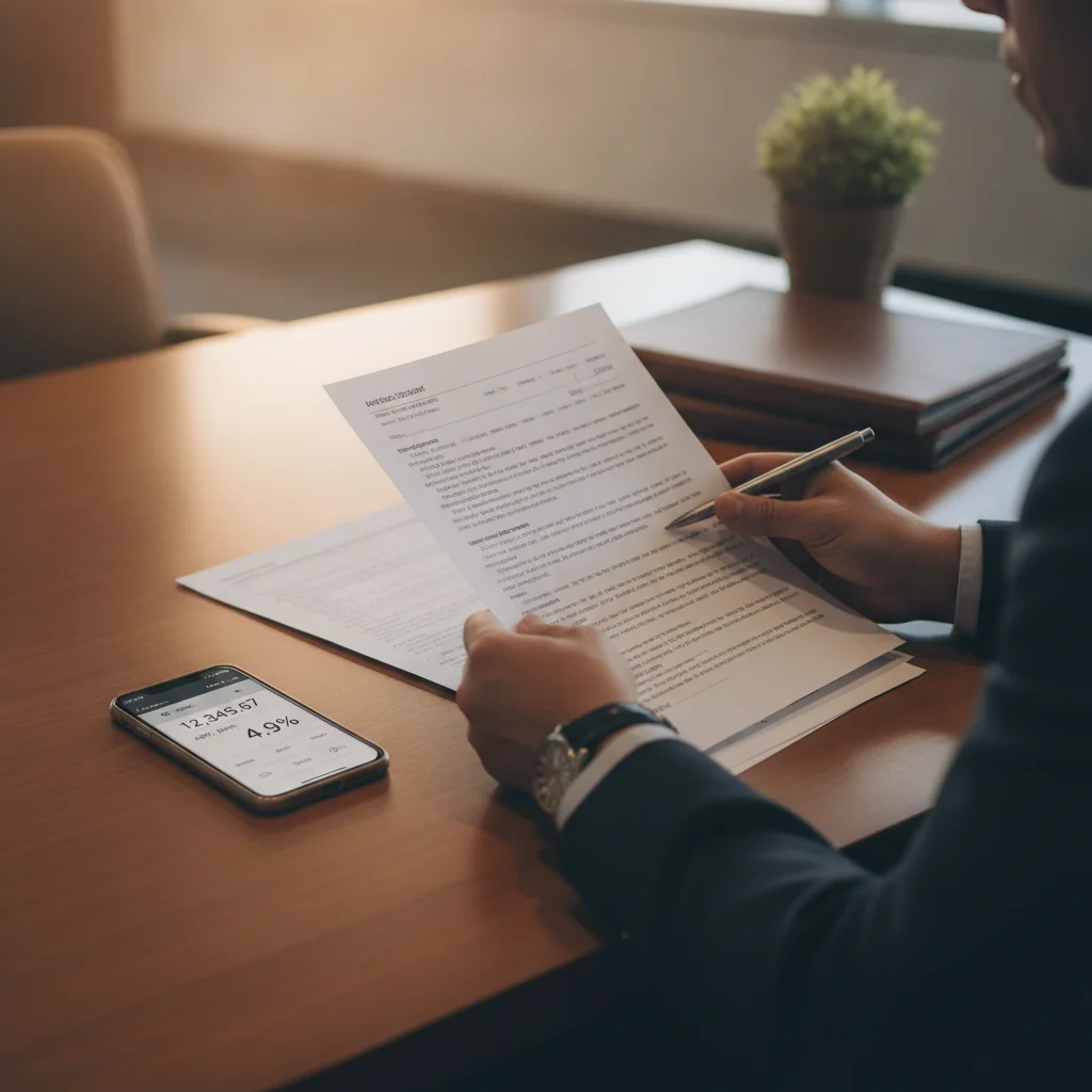 Car buyer reviewing loan documents at a dealership finance desk with a calculator on a smartphone