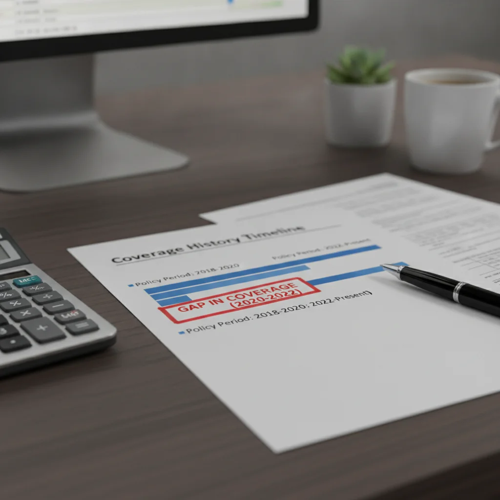 An insurance underwriter reviewing a coverage history timeline with a highlighted gap in red