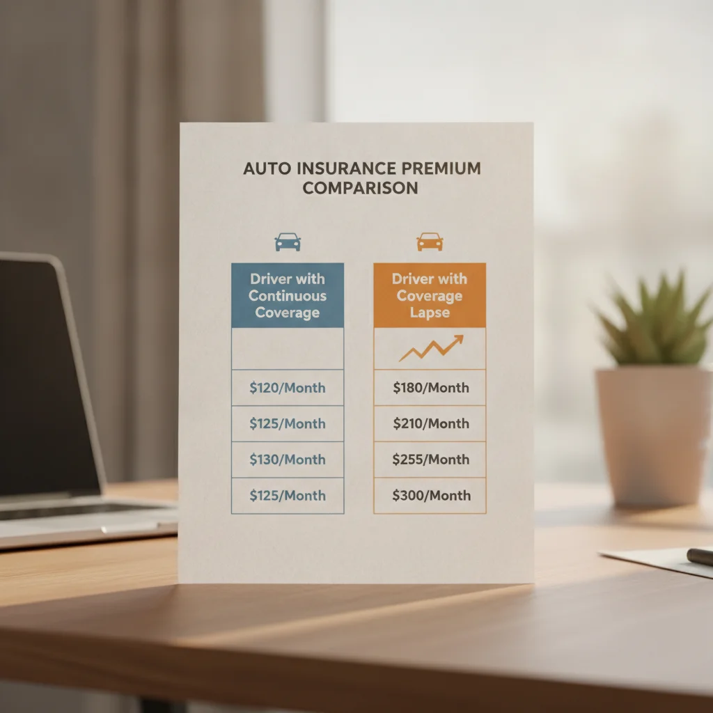 A side-by-side comparison chart showing higher insurance premiums for a driver with a coverage lapse versus continuous coverage