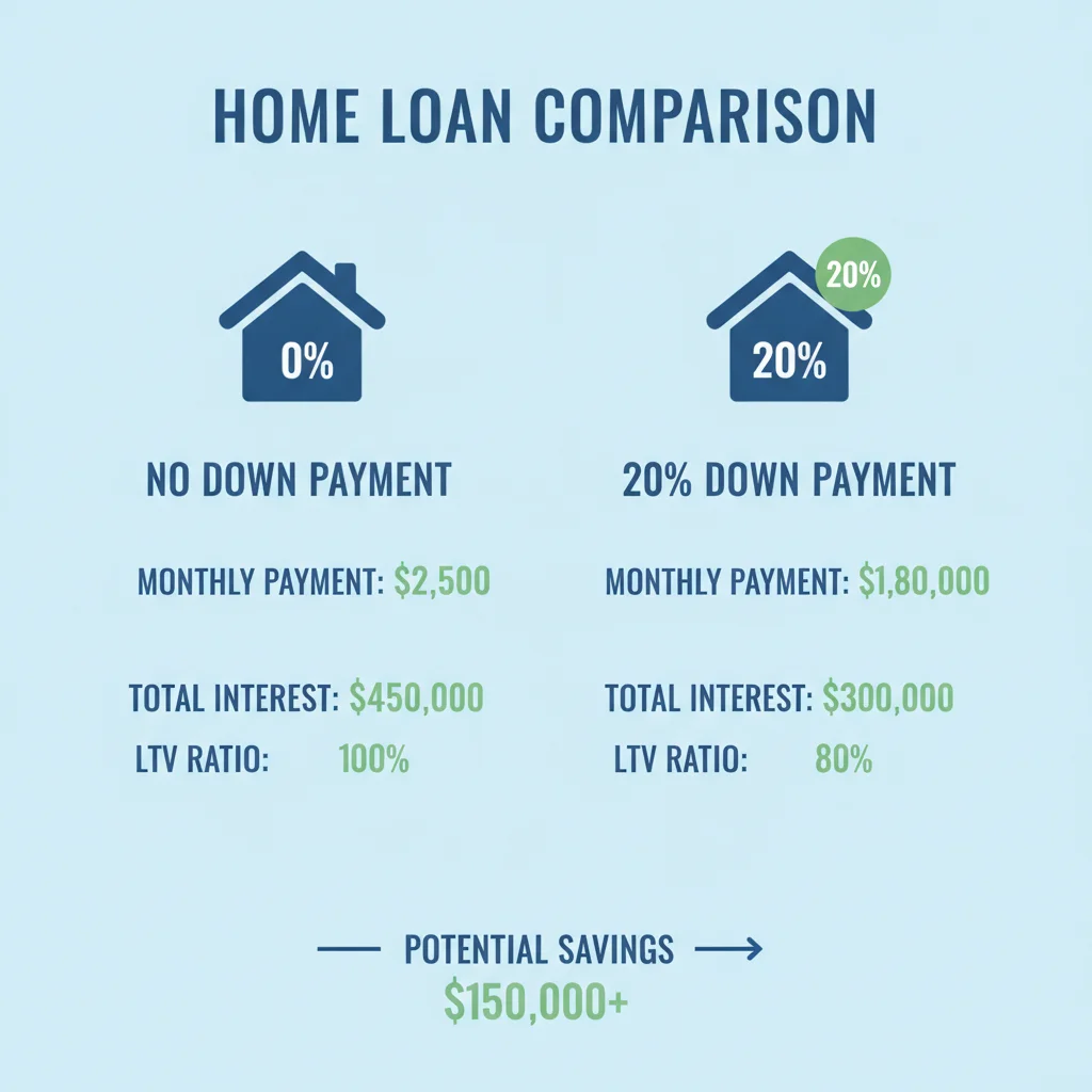 Side-by-side chart comparing a zero down payment loan scenario versus a 20 percent down payment scenario showing payment and interest differences