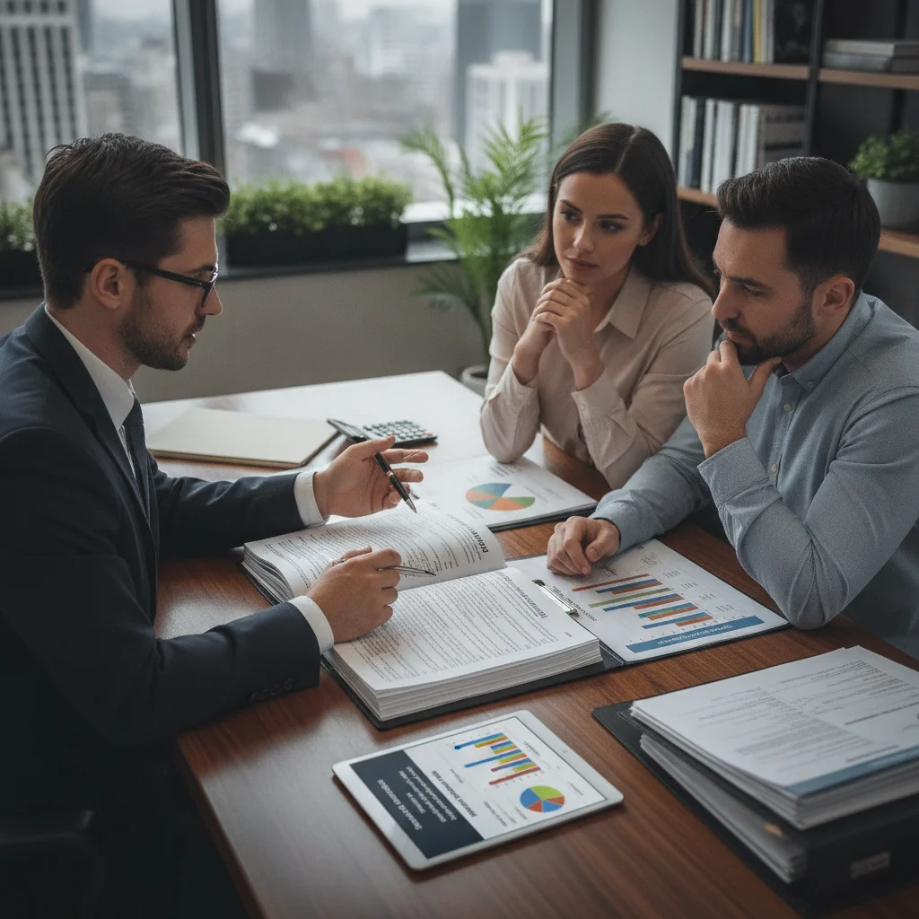 Insurance agent reviewing household auto policy documents with a couple at an office desk