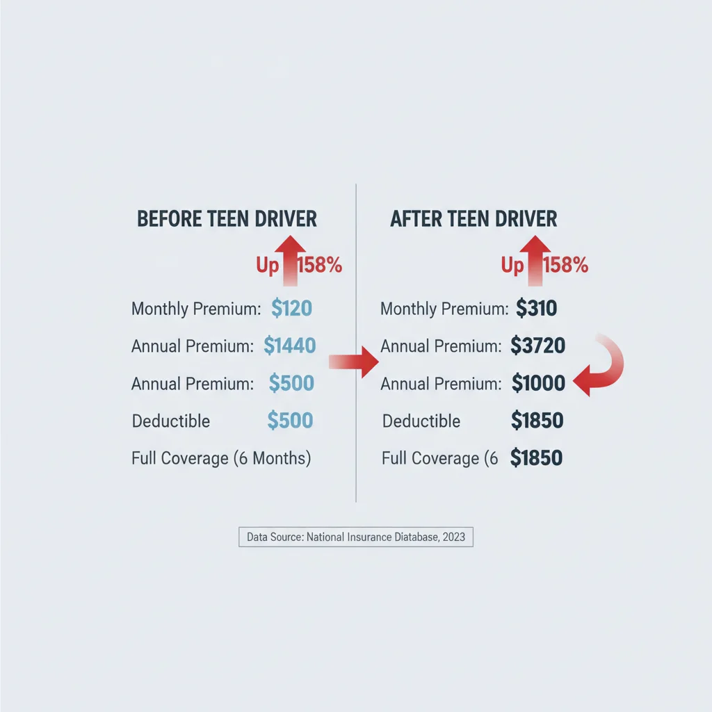 Side-by-side insurance premium comparison chart showing rate increase after adding a teen driver