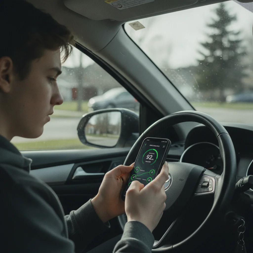 Teenage driver checking a telematics driving score app on a smartphone while seated in a parked car