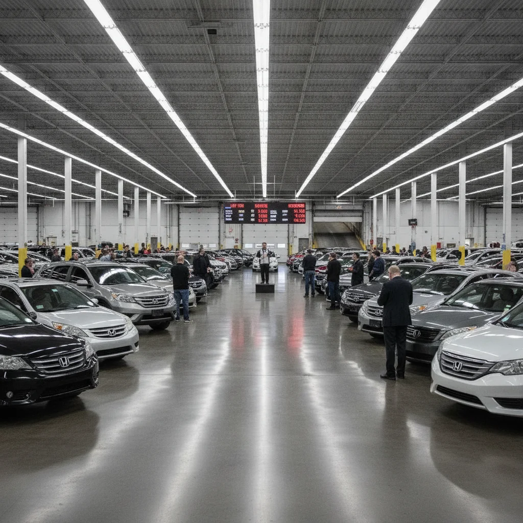 Used car auction hall with vehicles lined up and bid prices displayed on a scoreboard