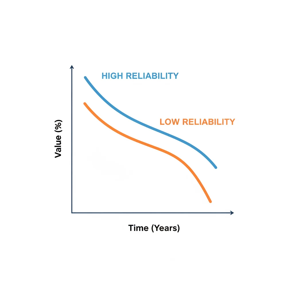 Graph showing two depreciation curves, one gradual for high-reliability vehicles and one steep for low-reliability models