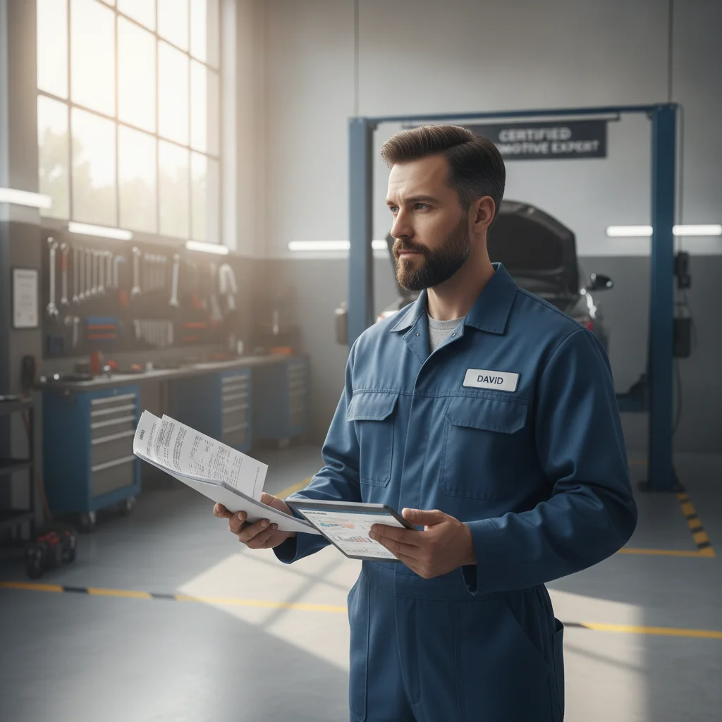 Mechanic reviewing vehicle maintenance records and vehicle history report on a tablet in an auto shop