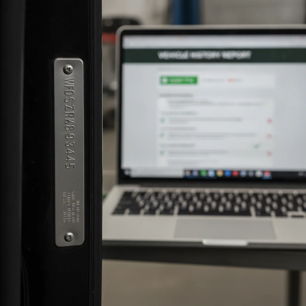 VIN plate on car door jamb with vehicle history report displayed on laptop screen
