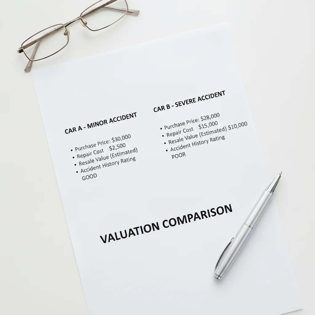 Paper comparison chart showing two vehicle valuation estimates with different accident history entries