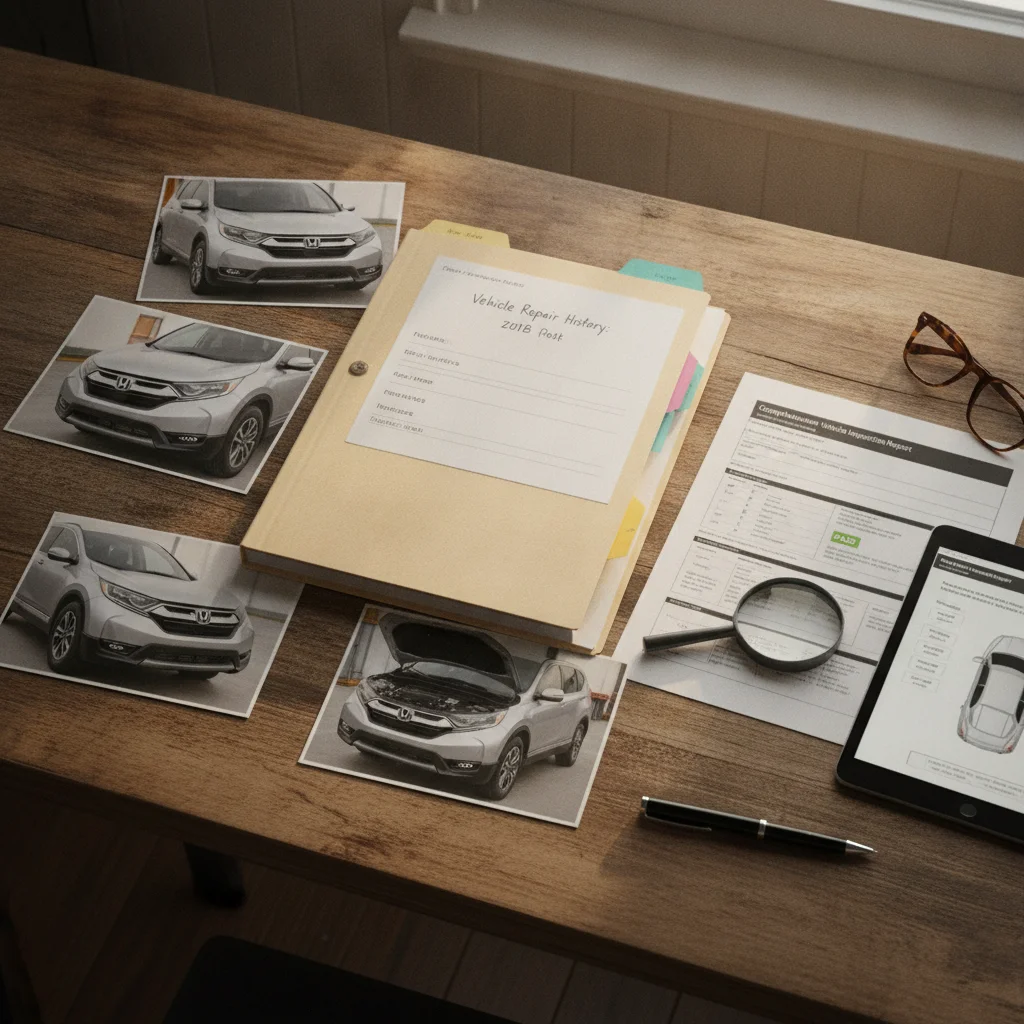 Organized folder containing car repair invoices, post-repair photos, and mechanic inspection report on a table