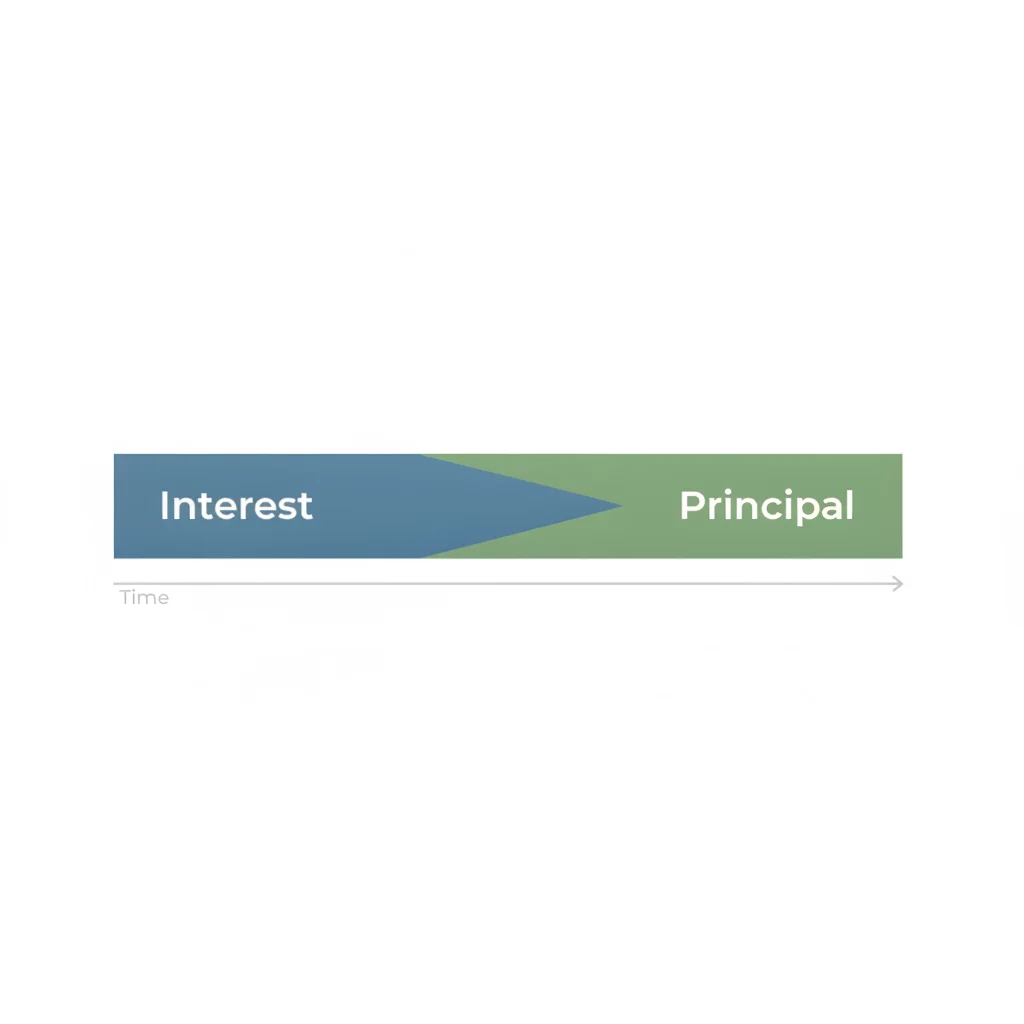 Infographic diagram showing how interest and principal portions of a loan payment shift over time