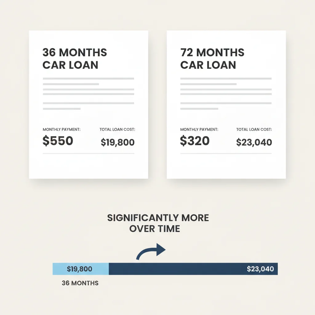Side-by-side comparison of 36-month and 72-month auto loan total costs illustrated with bar charts