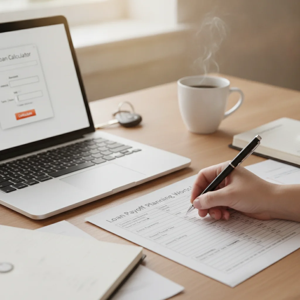 Person writing on a loan payoff planning worksheet beside a laptop displaying a loan calculator