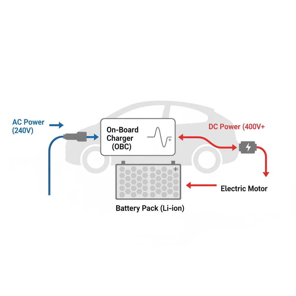 Diagram showing AC power converting to DC through an onboard charger unit into an EV battery pack