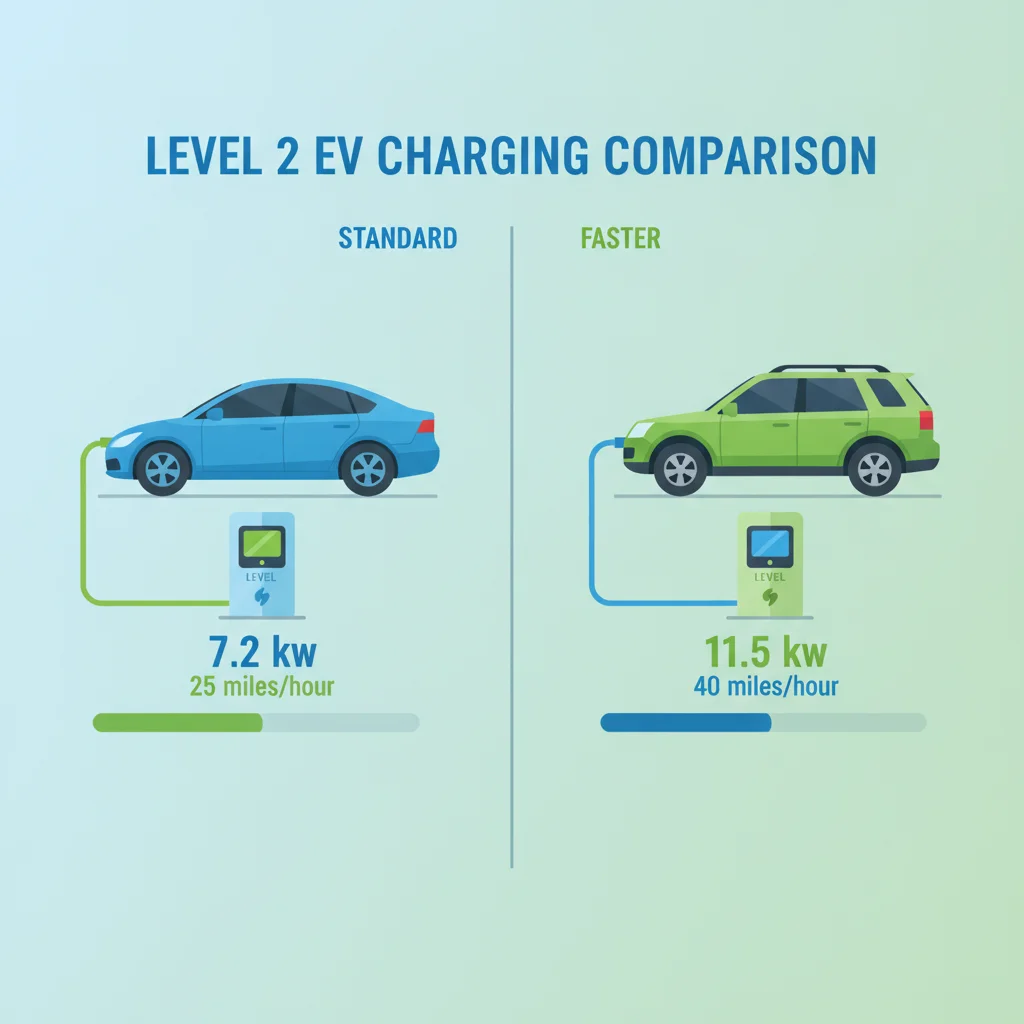 Comparison infographic showing two EVs charging at different rates at the same Level 2 station due to different OBC ratings