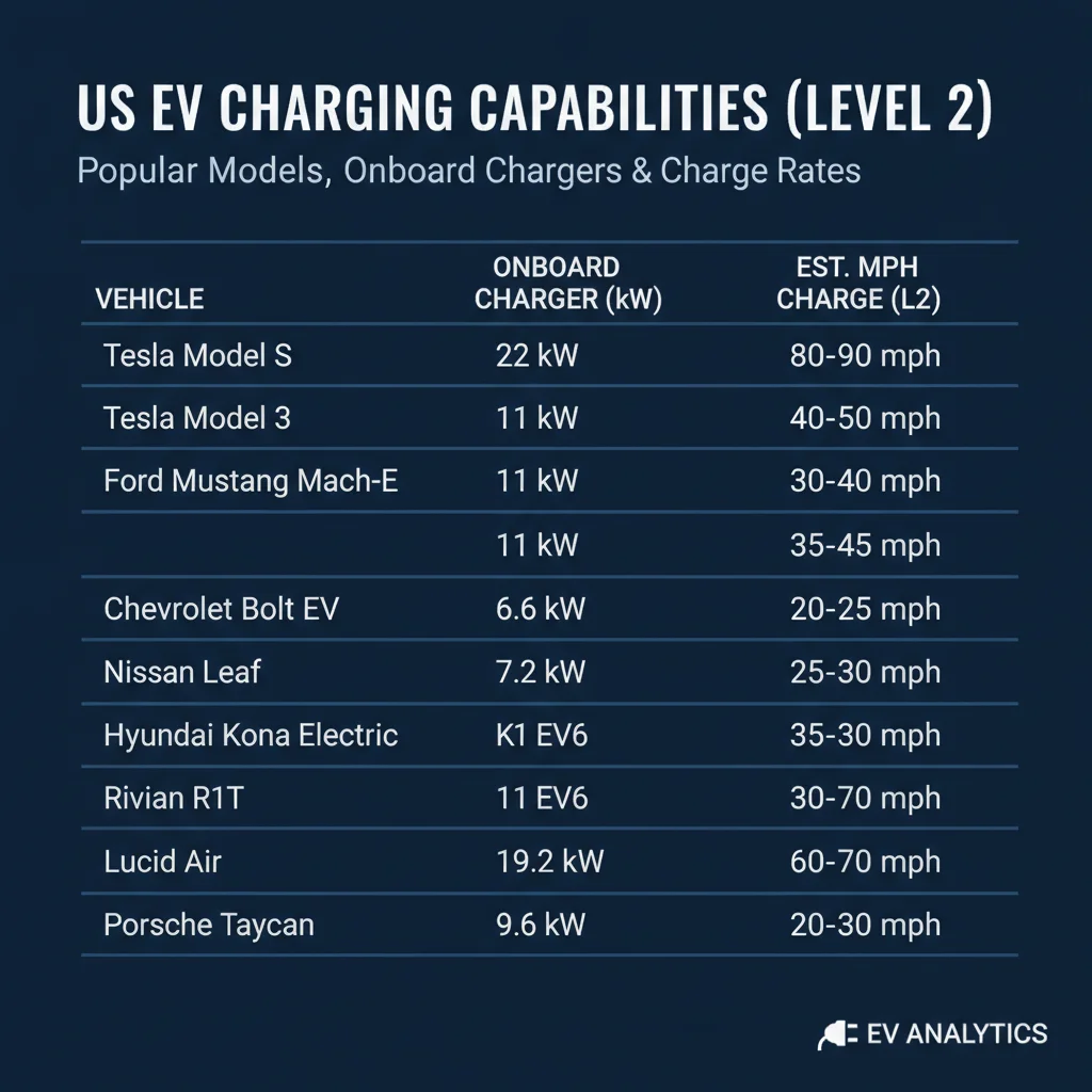 Data visualization of onboard charger ratings and Level 2 charging speeds for popular US electric vehicles