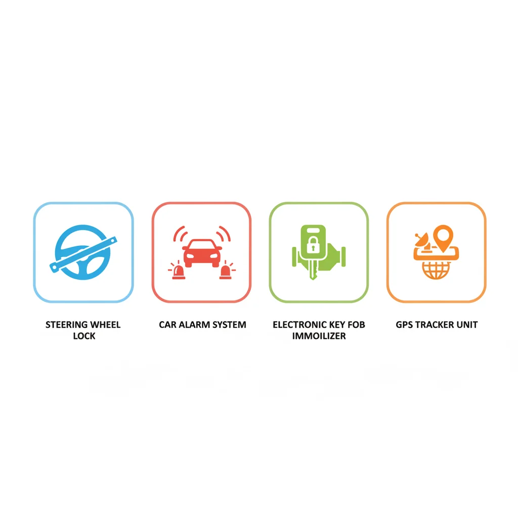 Flat illustration showing four types of anti-theft devices: steering wheel lock, car alarm, immobilizer key fob, and GPS tracker