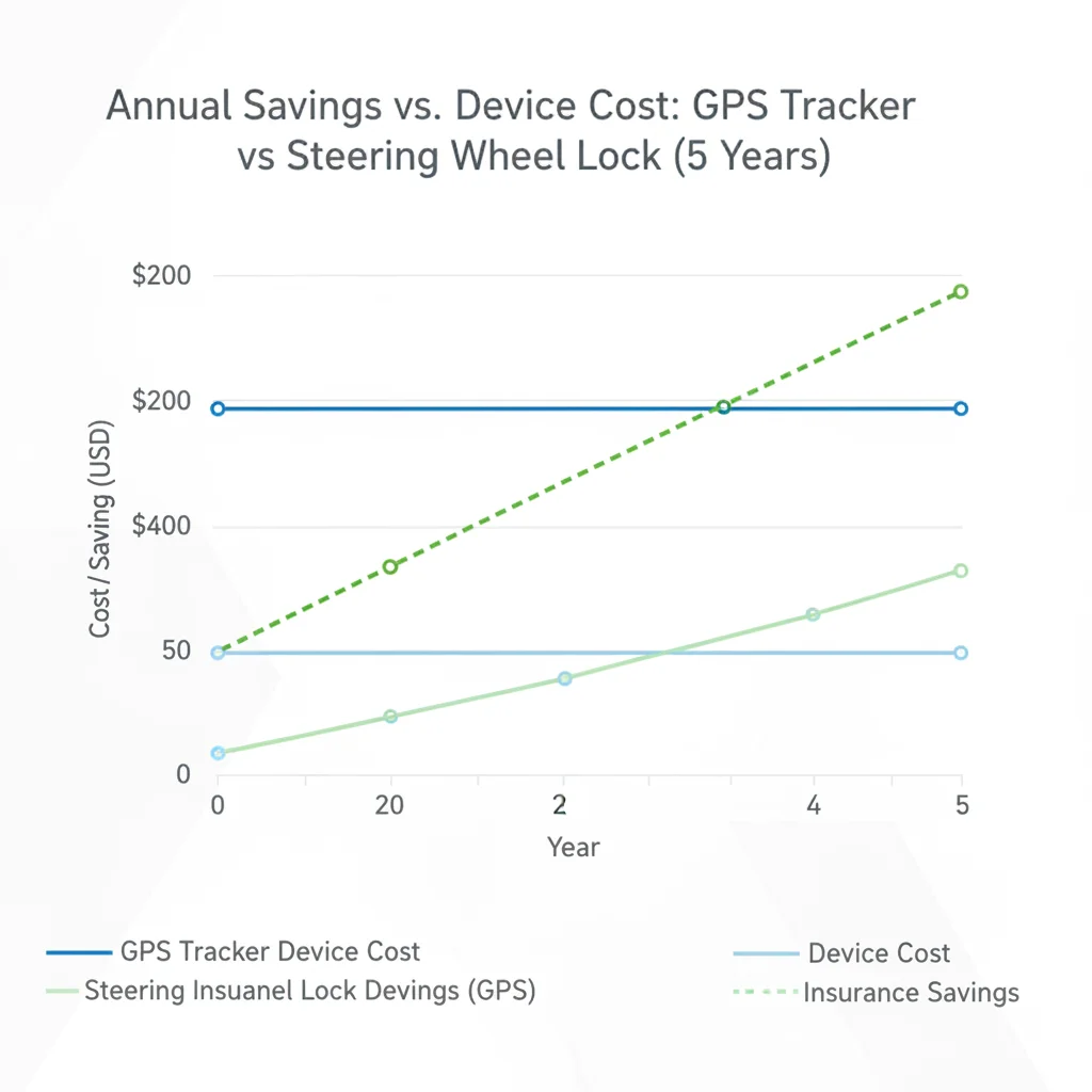 Line graph comparing annual insurance savings versus device cost over five years for GPS tracker and steering wheel lock anti-theft devices