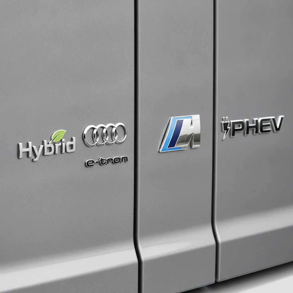 Collection of automaker electrification badges including Hybrid, e-tron, i, and PHEV lettering on car panels