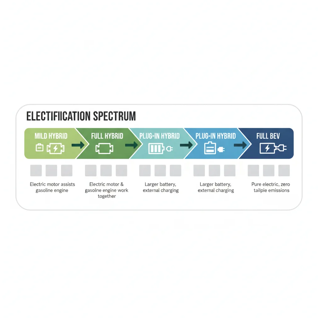Flat illustration of the electrified vehicle spectrum from mild hybrid MHEV to full battery electric BEV with brand categories