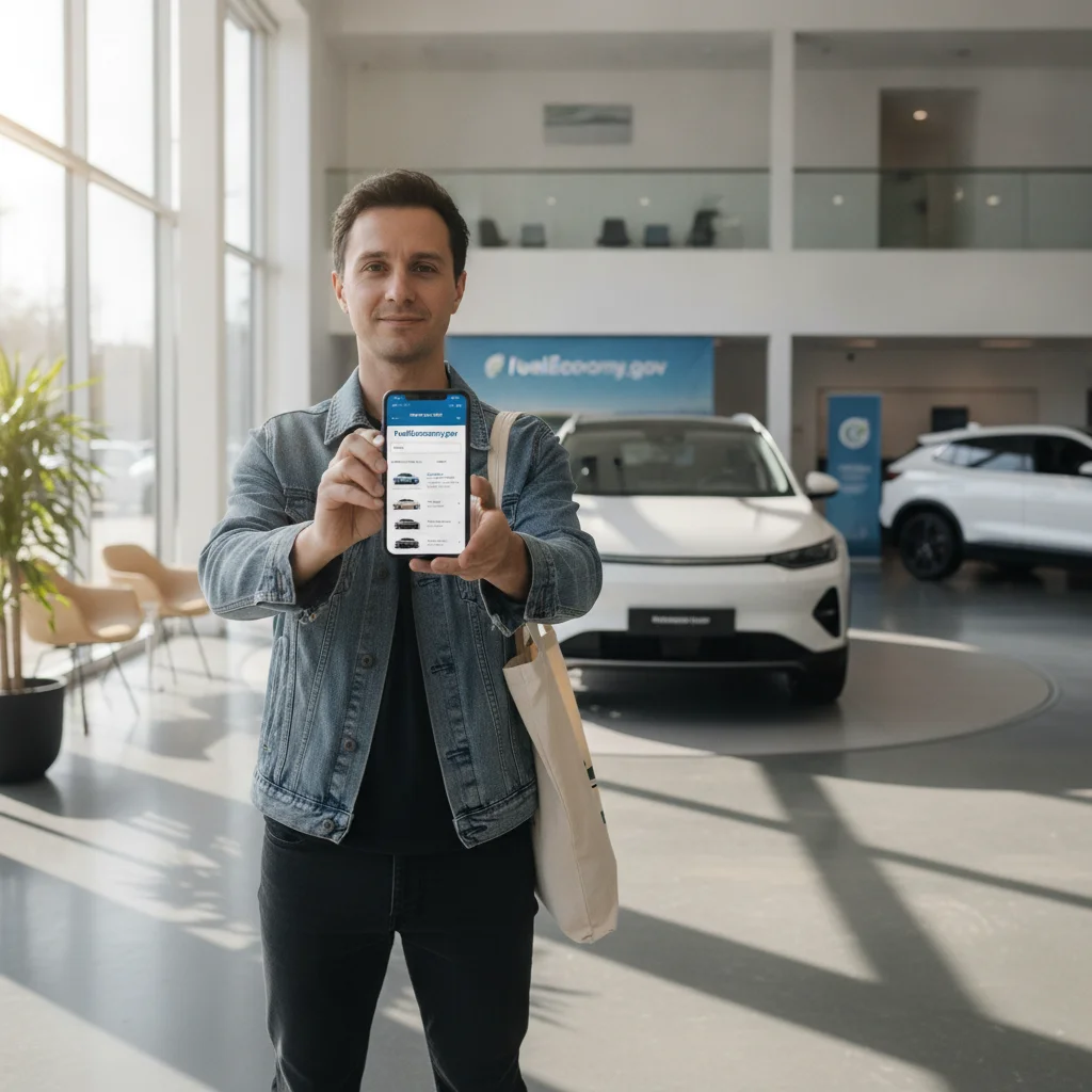 Car shopper using fueleconomy.gov on a smartphone in a dealership to verify a vehicle's powertrain type