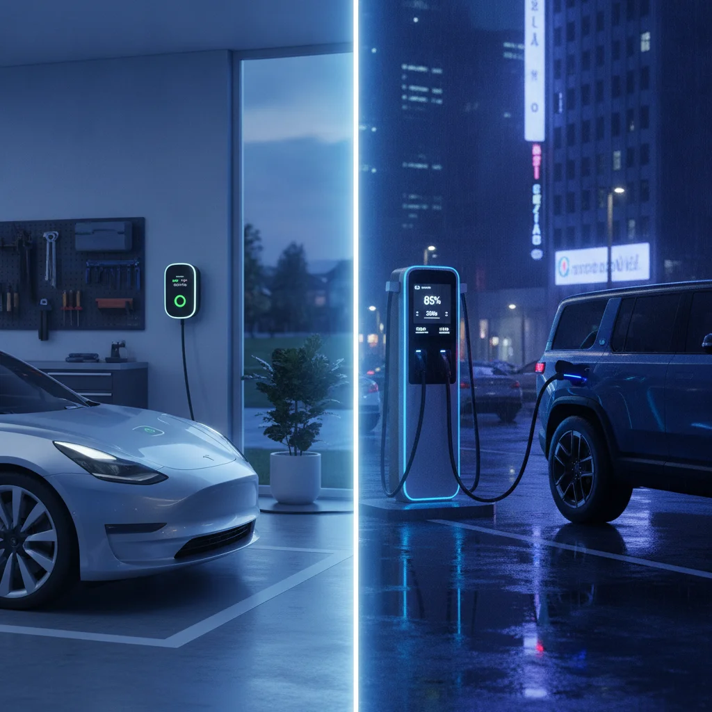 Side-by-side comparison of a home Level 2 charger and a public DC fast charger station at night