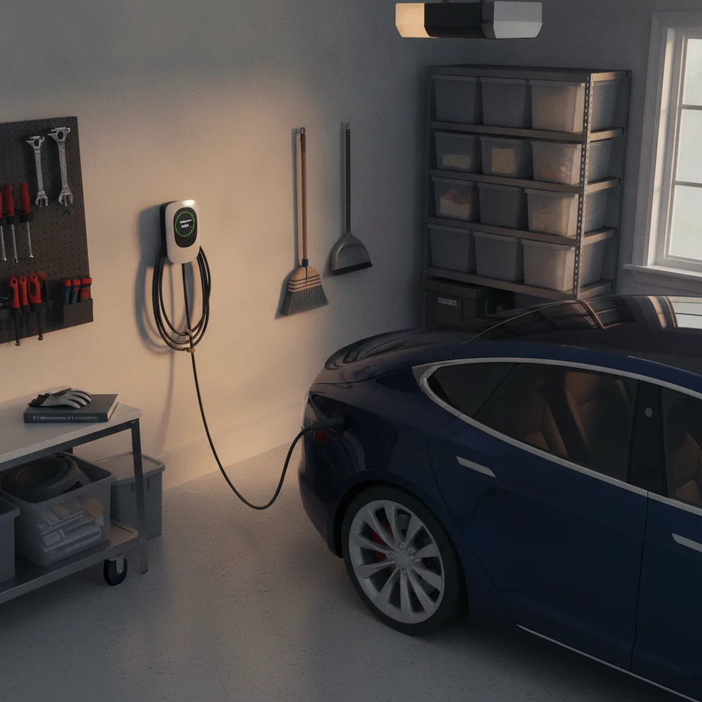 Electric vehicle plugged into a home garage Level 2 charger in a clean, organized garage setting
