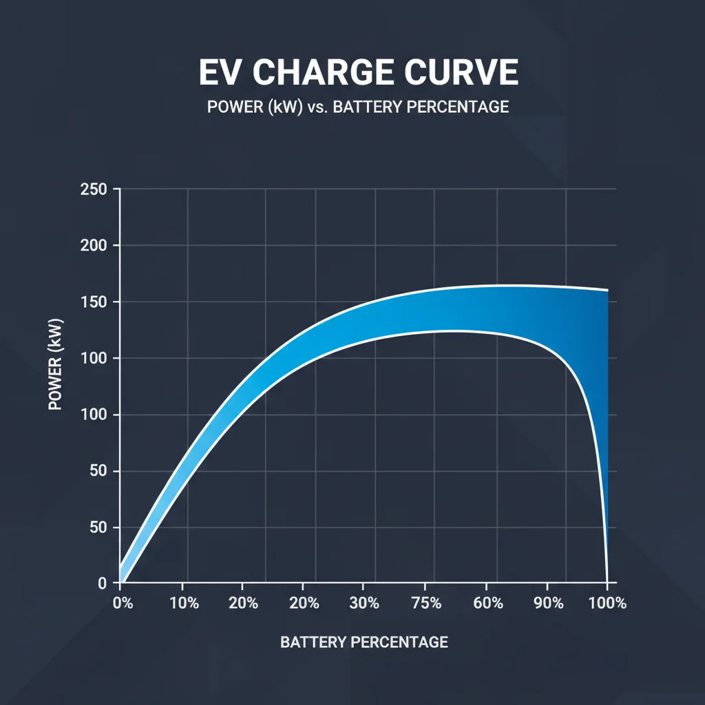Charge curve graph showing peak power plateau from 10 to 75 percent battery then steep taper to 100 percent