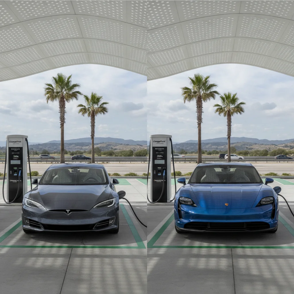 Two electric vehicles charging side by side at a highway DC fast charging plaza with visible charge level displays