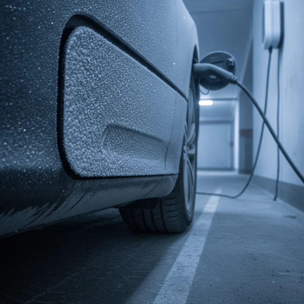 Frost on an EV battery pack panel in a cold winter parking garage illustrating cold weather charging challenges