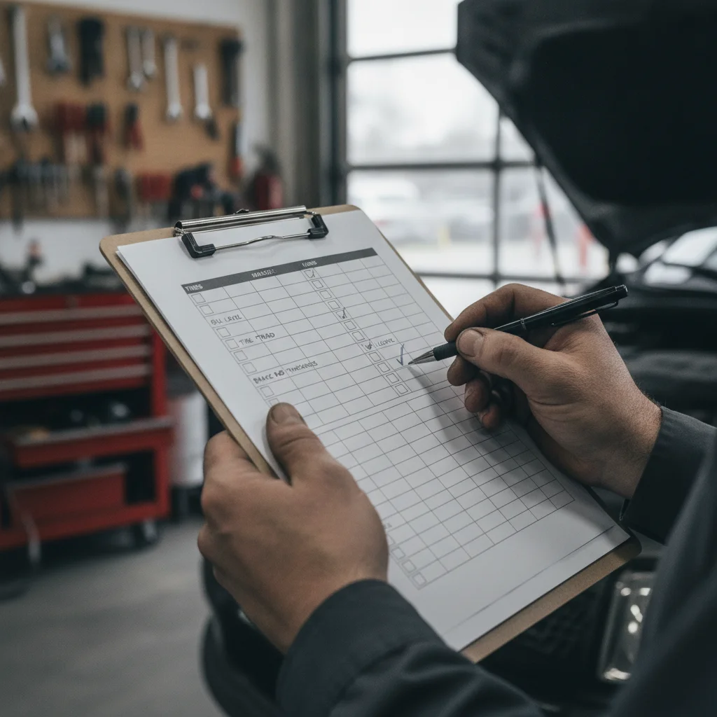 Mechanic holding a CPO multi-point inspection checklist on a clipboard in a dealership service bay