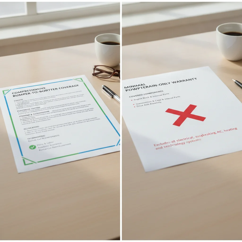 Two CPO warranty documents side by side showing the difference between bumper-to-bumper and powertrain-only coverage