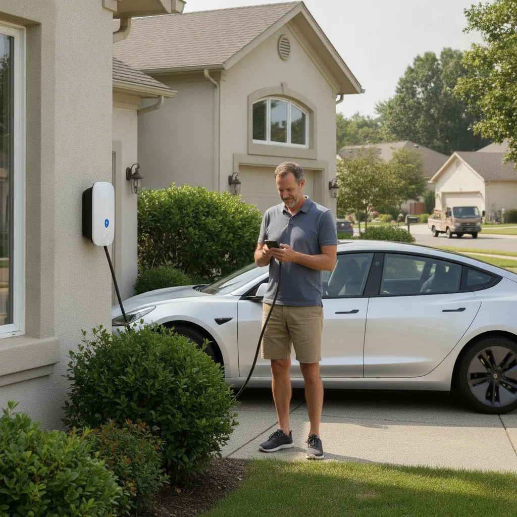 Homeowner standing near a Level 2 EV charger mounted on a garage wall next to parked car