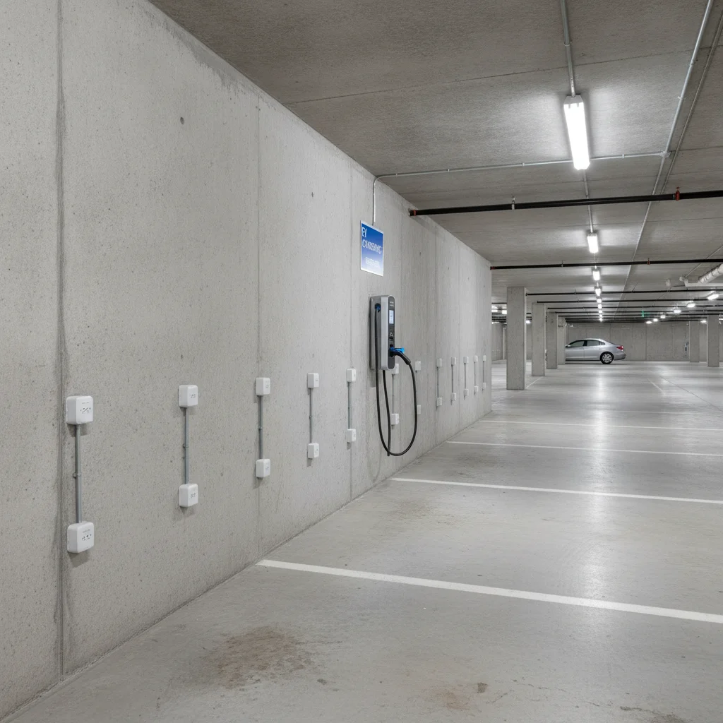 Underground apartment parking garage with one Level 2 EV charger and standard electrical outlets along wall