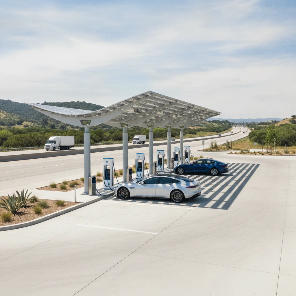 DC fast charger station at a highway rest stop with two electric vehicles charging under a canopy