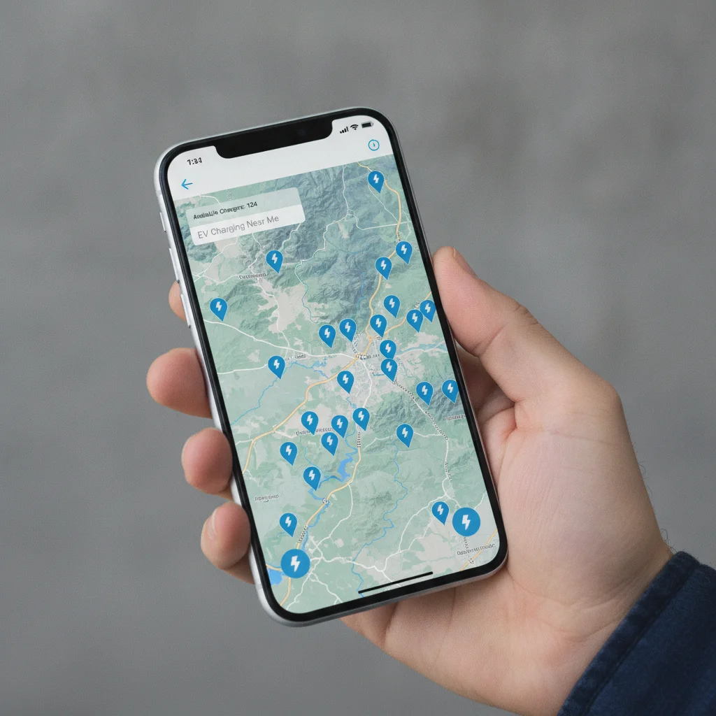 Person holding smartphone displaying an EV charging station map with location pins across a regional area