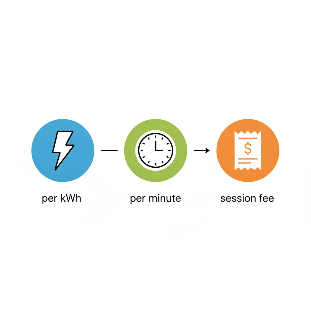 Diagram illustrating three EV charging pricing models: per-kWh, per-minute, and flat session fee icons