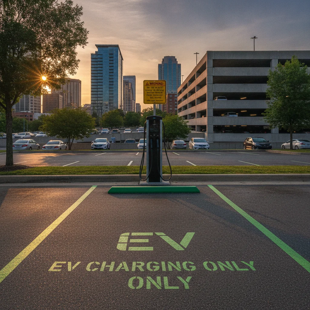 EV charging station with idle fee policy warning sign posted in an urban parking lot