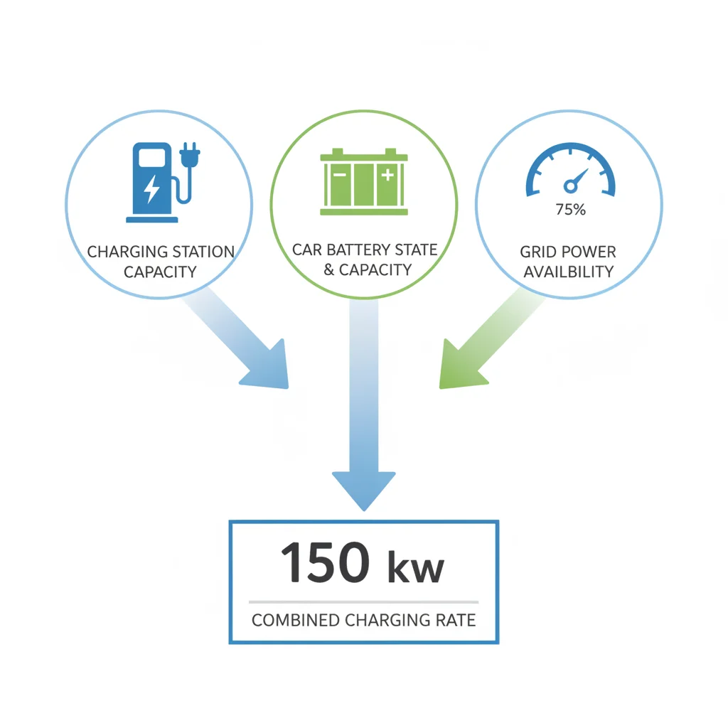 Diagram showing three variables — charger output, car hardware, and battery state — determining EV charging speed
