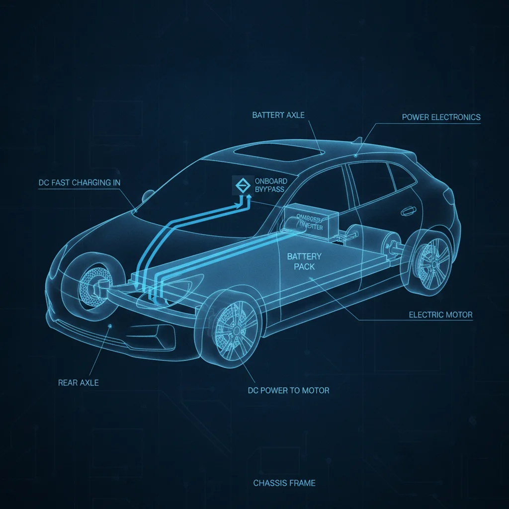 Cutaway diagram of an EV showing DC fast charging bypassing the onboard charger and flowing directly to the battery pack