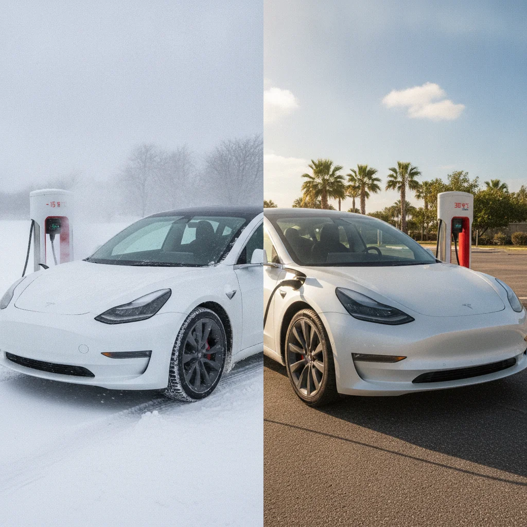 Side-by-side comparison of an EV charging in cold winter snow versus warm sunny conditions