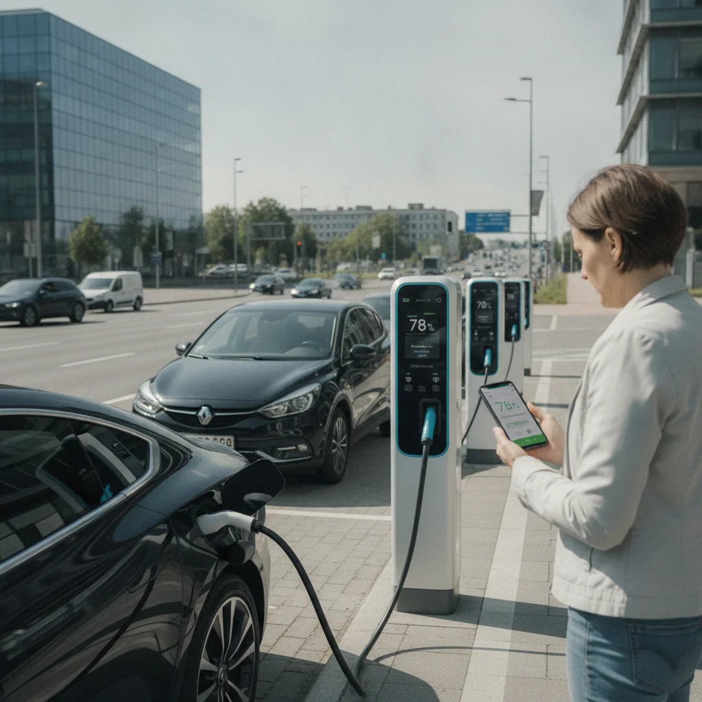 EV driver reviewing live charging speed data on a smartphone app at a public DC fast charging station