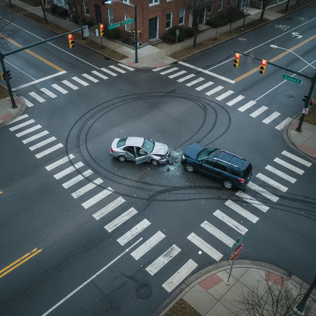 Overhead view of two cars after a collision at an intersection showing skid marks and positioning
