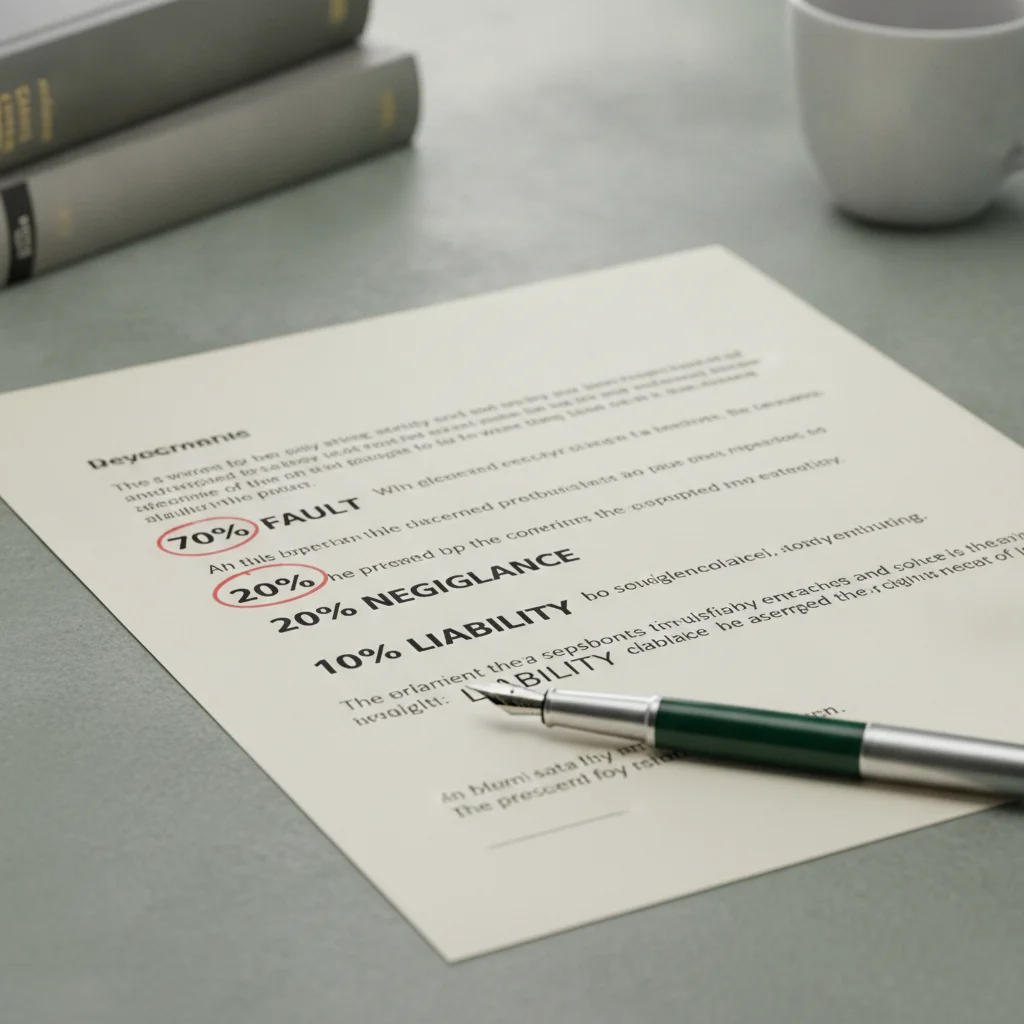 Legal document with fault percentage annotations being reviewed with a pen
