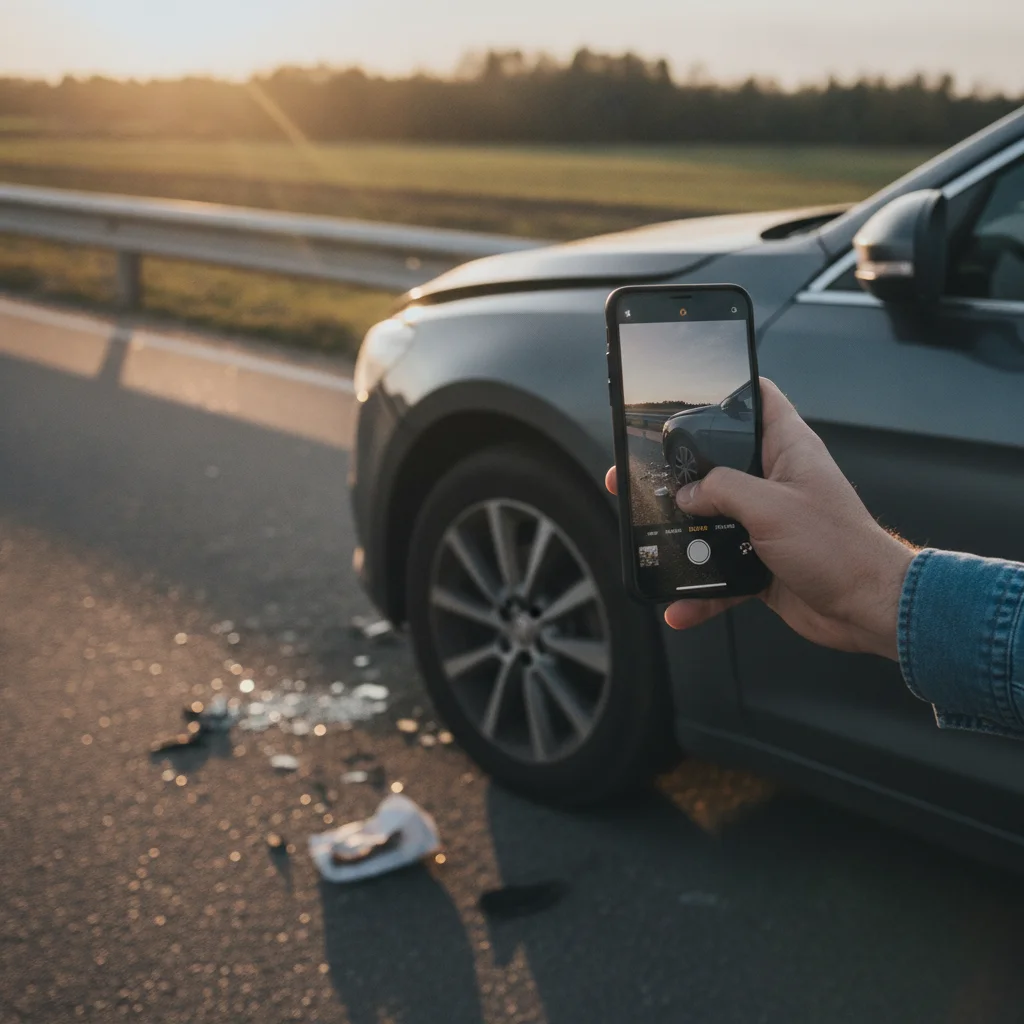 Driver photographing car damage on a roadside using a smartphone after an accident