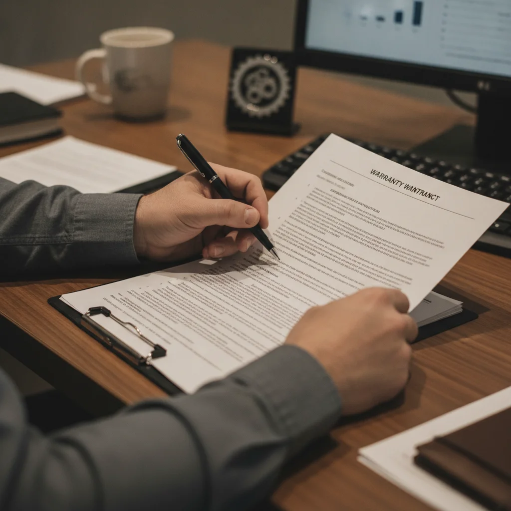 Person carefully reviewing a CPO warranty contract document at a car dealership